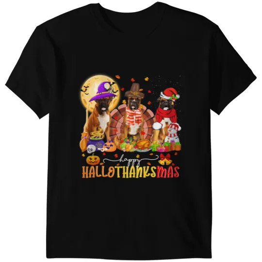 Cute Boxer Halloween Christmas Happy Hallothanksmas Tee Boxers Dog T-Shirts
