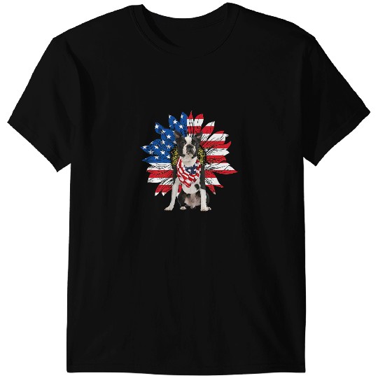Dog Boston Terrier Black Boston Terrier Sunflower Us Flag Independence Day T-Shirts