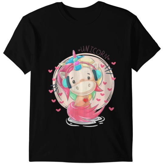 Unicorns Cute Lovely Music Lover Unicorns With Headphones Pink Hearts T-Shirts