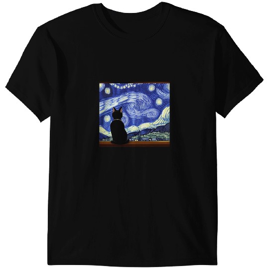 black cats Paws Van Gogh Inspired black cats Staring at Starry Night T-Shirts