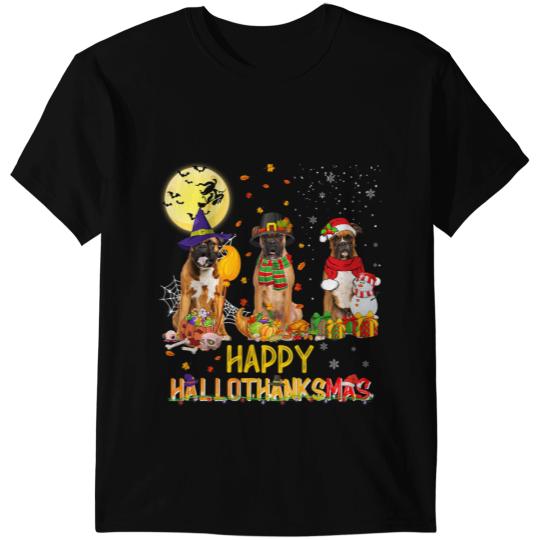 Boxer Wizard Hat Turkey Santa Hat Tee Happy Hallothanksmas Boxers Dog T-Shirts
