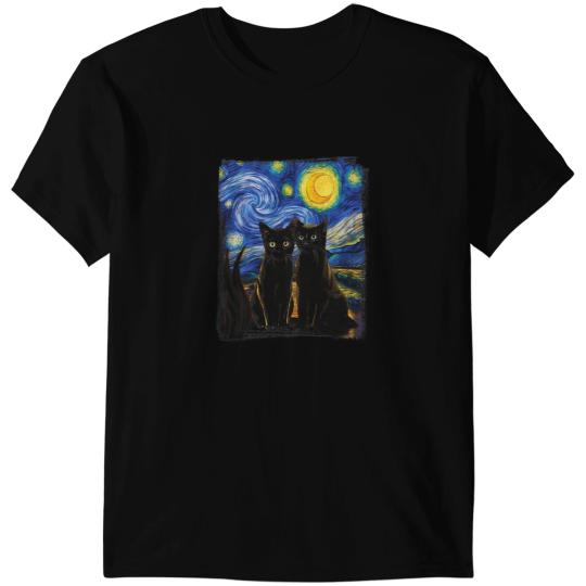 black cats Paws Starry Night Vincent van Gogh Famous Painting Black Cats T-Shirts