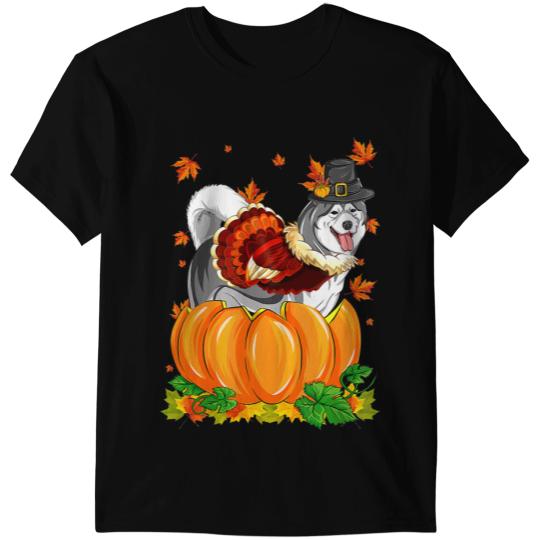 Dog Alaskan Malamute Dog Turkey Thanksgiving Fall Autumn Pumpkin T-Shirts