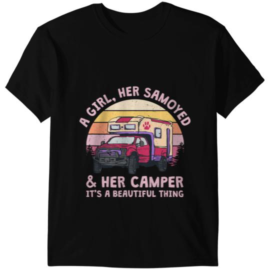 Camping Camp A Girl Her Samoyed and Her Camper Bjelkier Dog Lover Camper T-Shirts