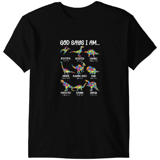 Dinosaur Dino Christian I am Bible Verses Christian Dinosaur Autism Awareness T-Shirts