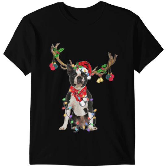 Dog Boston Terrier Funny Boston Terrier Reindeer Christmas Dogs Christmas Light T-Shirts