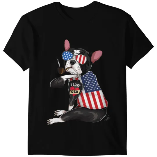Dog Boston Terrier Merica 4th of july usa american flag men T-Shirts