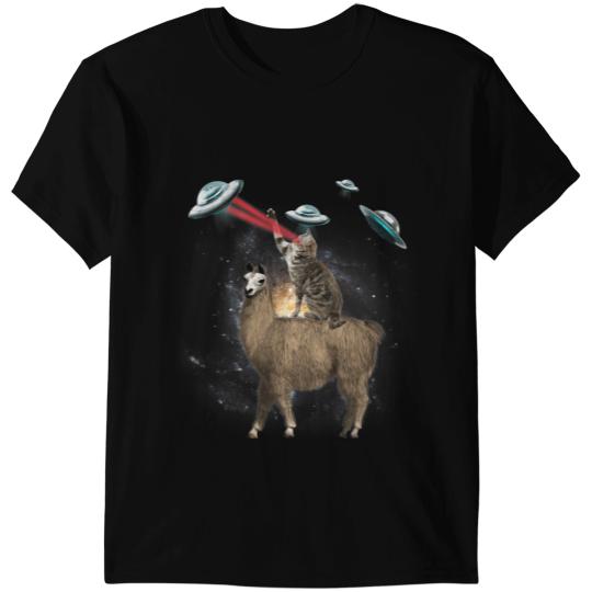 Lama Llama Space Cat Riding Llama Laser Eyes UFO Funny Cat Lover T-Shirts