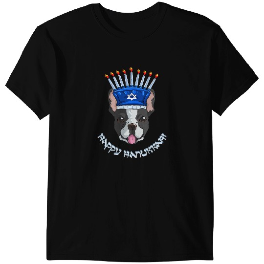 Dog Boston Terrier Menorah Hat Hanukkah Chanukah T-Shirts
