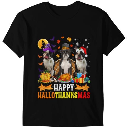 Dog Boston Terrier Happy Hallothanksmas Boston Terrier Dog Lover Christmas T-Shirts