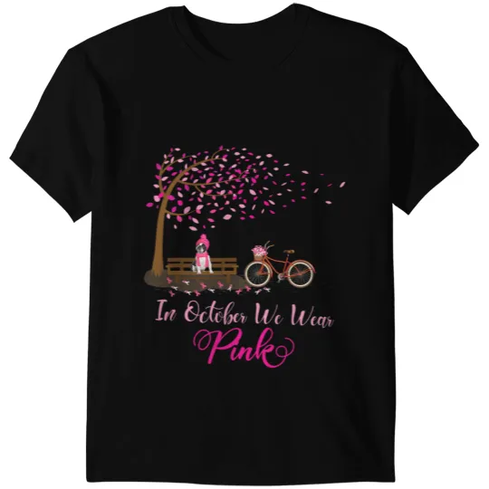 Frenchie Dog In October We Wear Pink French Bulldog Fall Leaves Cancer 247 French Bulldog T-Shirts