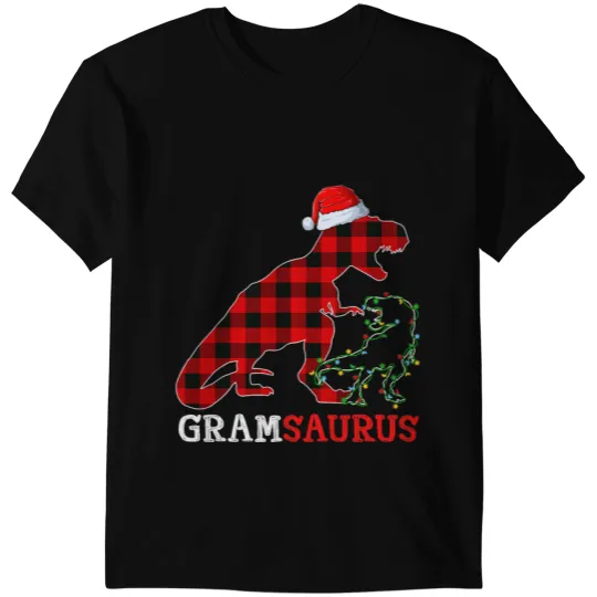 Dinosaur Dino Red Plaid Grampa Dinosaur Kid Christmas Light Santa Hat T-Shirts