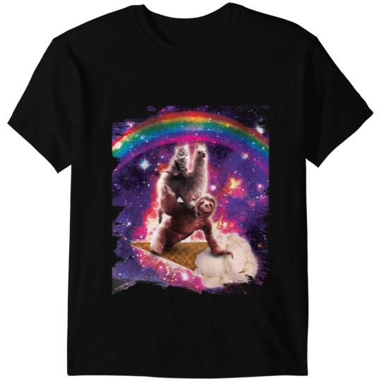 Sloth Gift Space Cat Llama Sloth Riding Ice Cream T-Shirts
