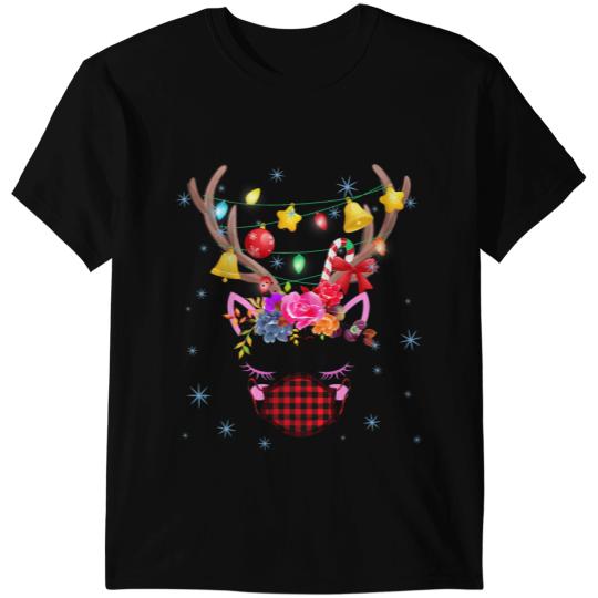 Unicorns Reindeer Wearing Mask Christmas Light Red Plaid T-Shirts