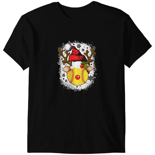 Softball Christmas Reindeer with Santa Hat Funny xmass Pajama Softball T-Shirts