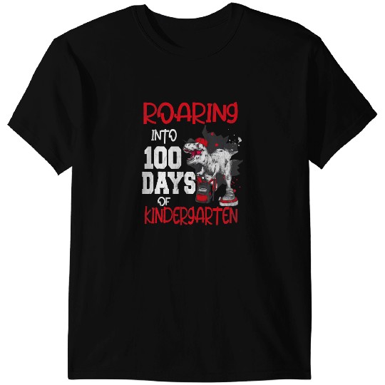 Dinosaur Dino Roaring Into 100 Days Kindergarten Funny T Rex Dinosaur Boy 2 T-Shirts