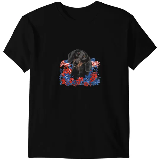Wiener Independent Flowers Dog American Flag Dachshund Doxie T-Shirts