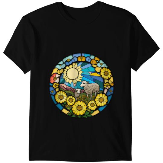 Sheep Lamb Stained Glass Sunflowers Sheep Animal Farm Farmer Ewe Sheeps T-Shirts