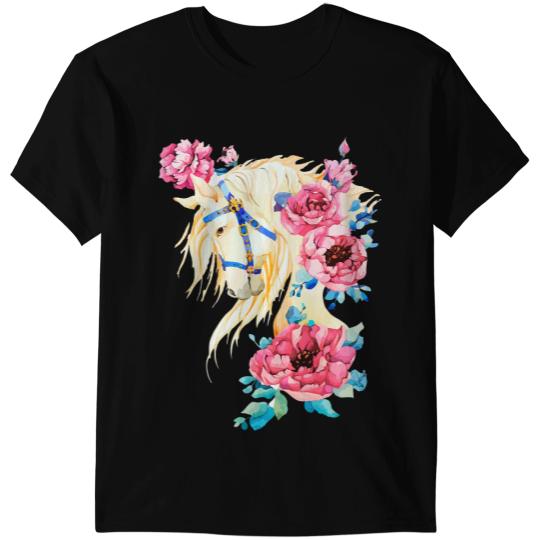 Funny Horse White horse with a mane of pink peony flowers rose T-Shirts
