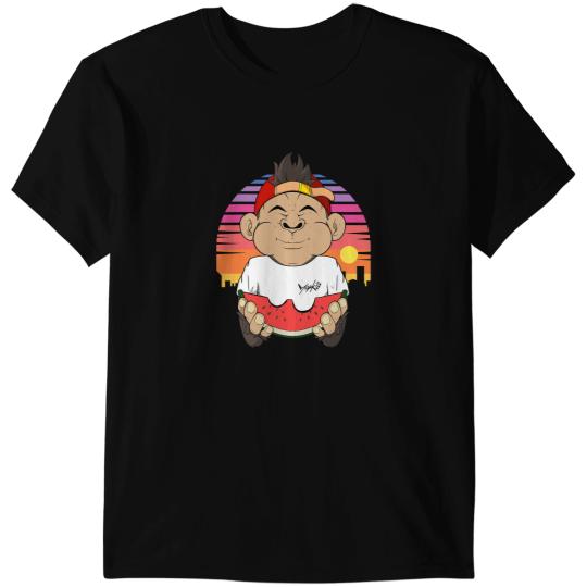 Monkey Lover eating a melon. Summer. Retro T-Shirts