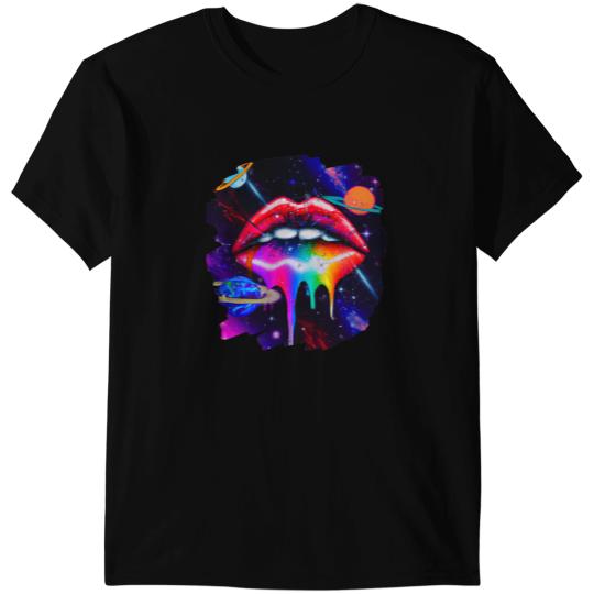 Astronauts Rainbow Lips in Space Fashion Lip Art Design Print Colorful T-Shirts
