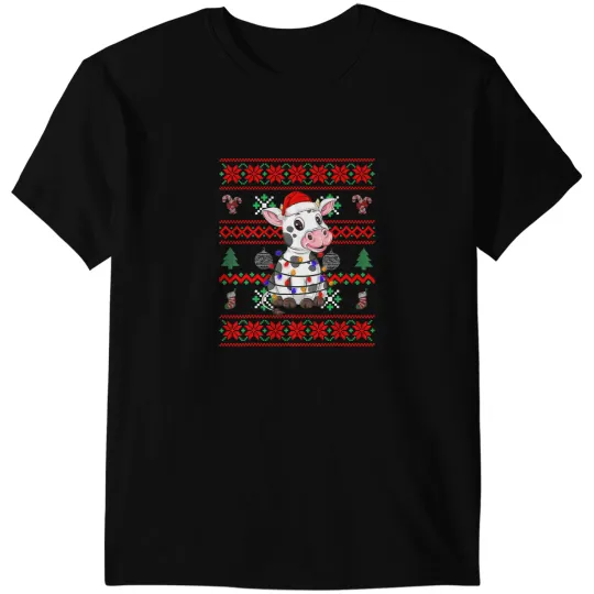 Cattle Cow Santa Hat xmass Lights Ugly Christmas Sweater Farmer 183 T-Shirts