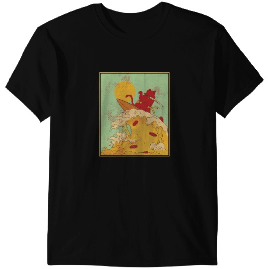 Cat Paws Surf Life Samurai Cat Surfing on Pizza Wave Anime Japanese Red Sunset T-Shirts