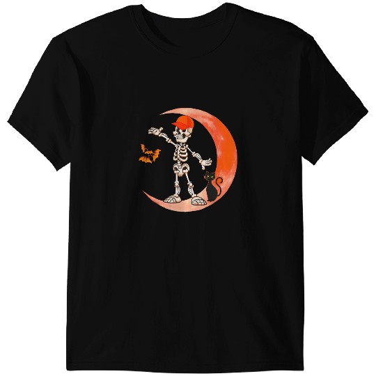 black cats Paws Skeletons Skulls Halloween Skeletons Wearing Cap On Moon With Cat Family Kids 5 T-Shirts