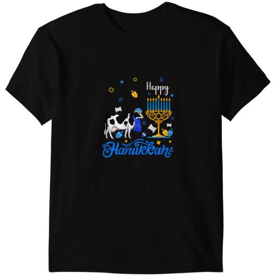 Cattle Cow Happy Hanukkah Cow Wearing Jewish Hat Menorah Dreidel Farmer 571 T-Shirts