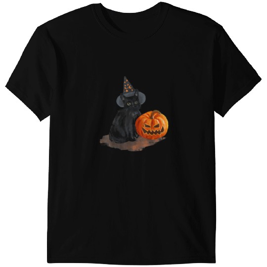 black cats Paws Halloween with a hat and a pumpkin 145 T-Shirts