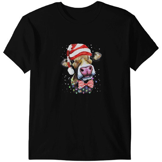 Cattle Cow Merry Christmas Funny Cow Santa Hat Christmas Lights xmass 208 T-Shirts