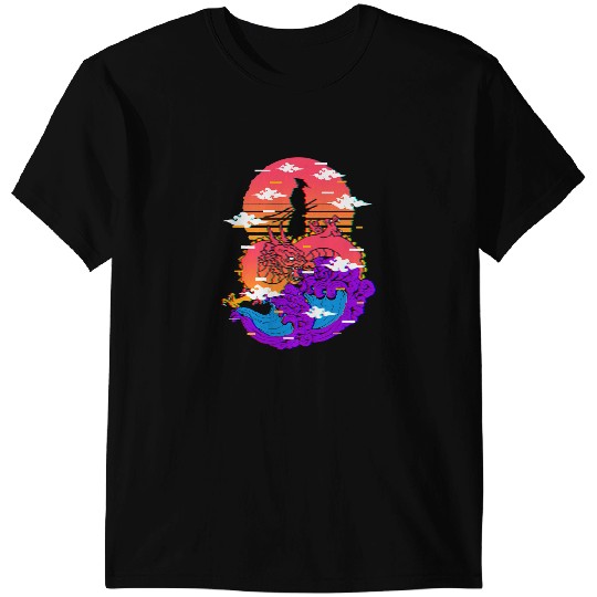 Dragon Animals Dragons Samurai Warrior Bushido Red Dragon Kanagawa Vaporwave Glitch T-Shirts