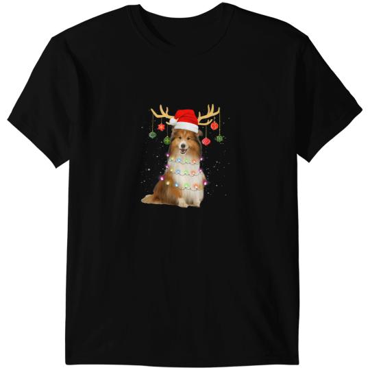 Dog Shetland Reindeer Sheltie Dog Christmas Light Santa Hat xmass Sheltie T-Shirts