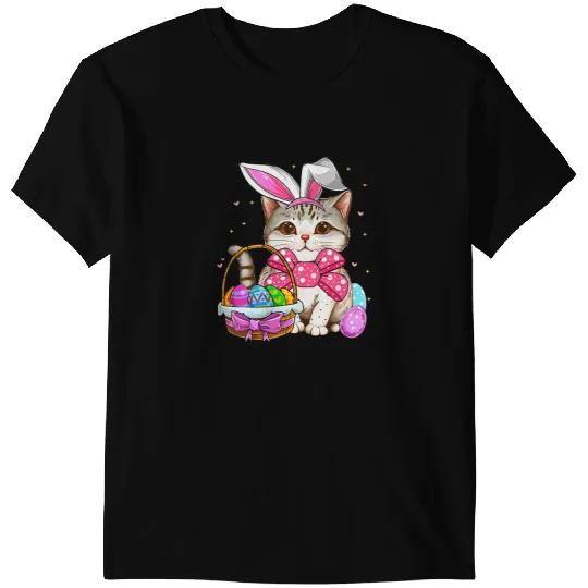 Cat Paws Bunny Cat Eggs Hunting And Basket Girls Kids Easter Day T-Shirts
