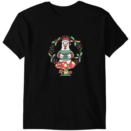 Chicken Poultry On Mushroom With Santa Hat Christmas Wreath Xmas270 T-Shirts