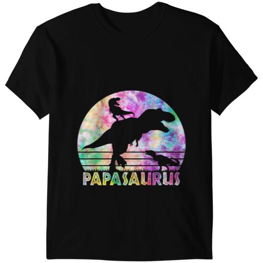 Dinosaur Dino Dino Papasaurus vintages Retro Tie Dye Sunset Father of 2 Kids T-Shirts