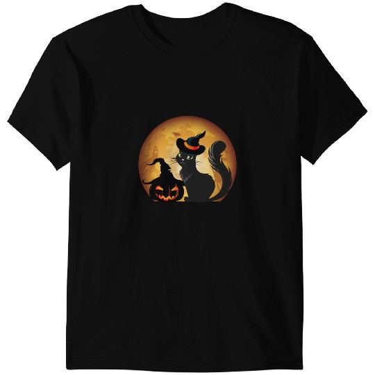 black cats Paws black cats Pumpkin Full Moon Halloween Ghosts Men Women Kids T-Shirts