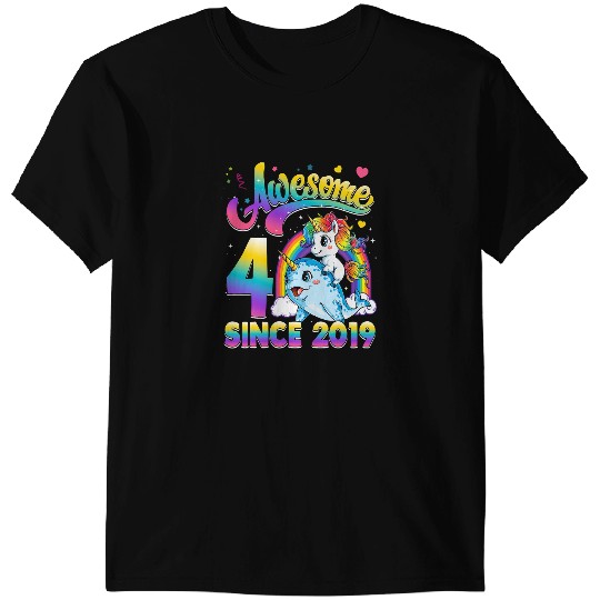Narwhal Lover Kids 4 Year Old Unicorns Riding Narwhal 4th Birthday Girls T-Shirts