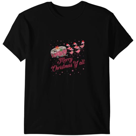 Pink Flamingo Camping Flamingo Santa Hat Merry Christmas Yall 203 Flamingos T-Shirts