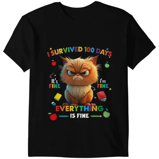 Cat Paws I Survived 100 Day Its Fine Im Fine Everything Is Fine Cat T-Shirts