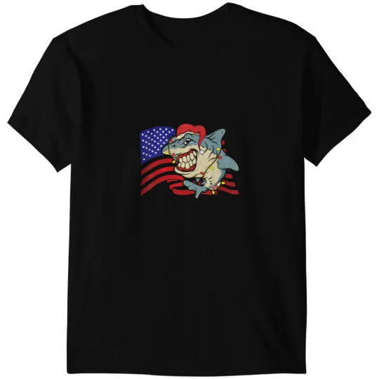 Ocean Shark SANTA SHARK WAVING AMERICAN FLAG WITH CHRISTMAS LIGHTS T-Shirts