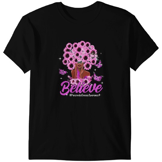 Pancreatic Warrior Believe Black Women Sunflower Hair Pancreatic Cancer Gifts T-Shirts