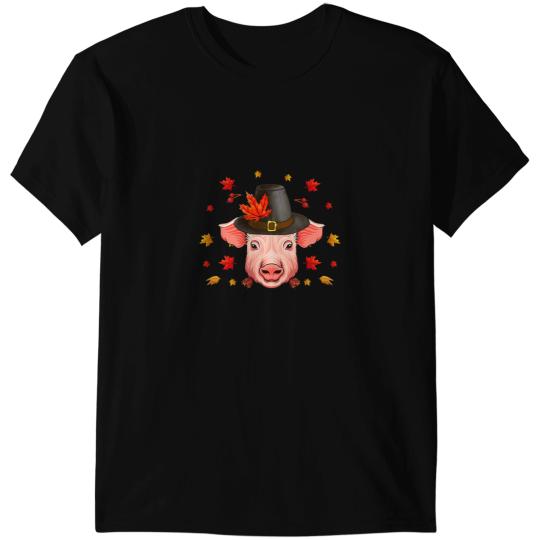 Pig Cute Pilgrim Pig Face Maple Leaf Fall Vibes Thanksgiving Day 530 Piggy T-Shirts