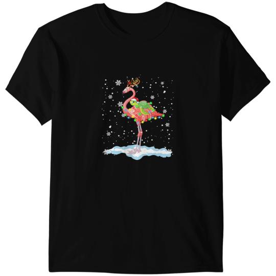 KV9 Turtle Pink Flamingo Santa Turtle Riding Flamingo Reindeer Christmas Lights T-Shirts