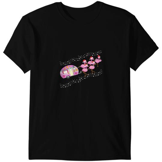 Pink Flamingo Wear Santa Hat With Camper Christmas For Glamping 254 Flamingos T-Shirts