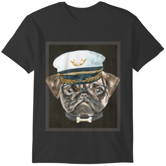 Pug Captain Hat Black Glasses Collar Bone Dogs In T-shirt