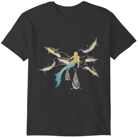 Mermaid with Common Dolphins (turquoise tail) T-shirt