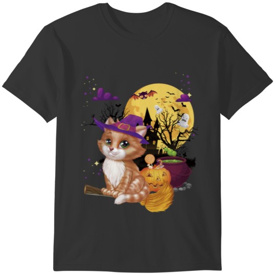 Halloween Meow Cat Witch Broom Pumpkin Mom Dad T-shirt