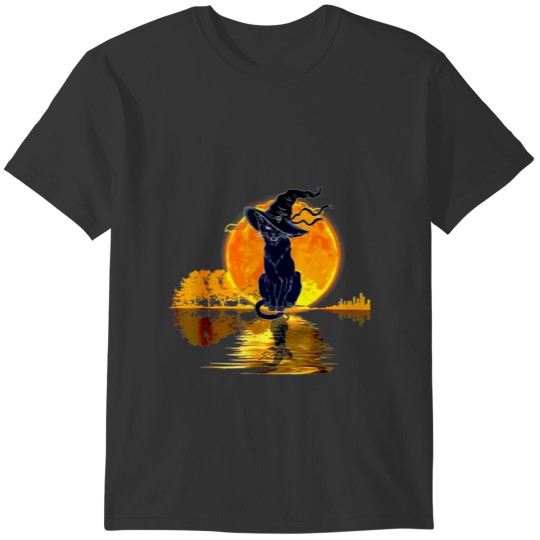 Vintage Halloween Scary Black Cat Witch Hat Moon T-shirt