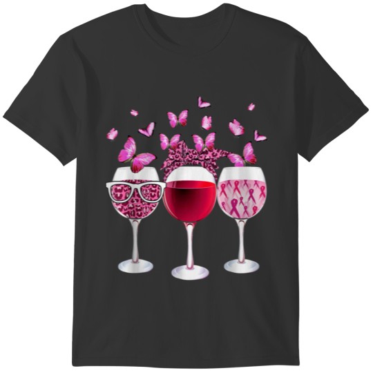Pink Ribbon Wine Glass Butterfly Breast Cancer T-shirt